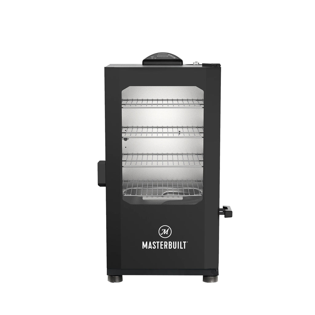 A black 30-inch vertical smoker with a window in the door and the Masterbuilt name and logo printed in grey below the door. The door latch is on the left, the side wood chip loader is pulled out on the right side. The digital control panel is mounted on the top of the smoker.