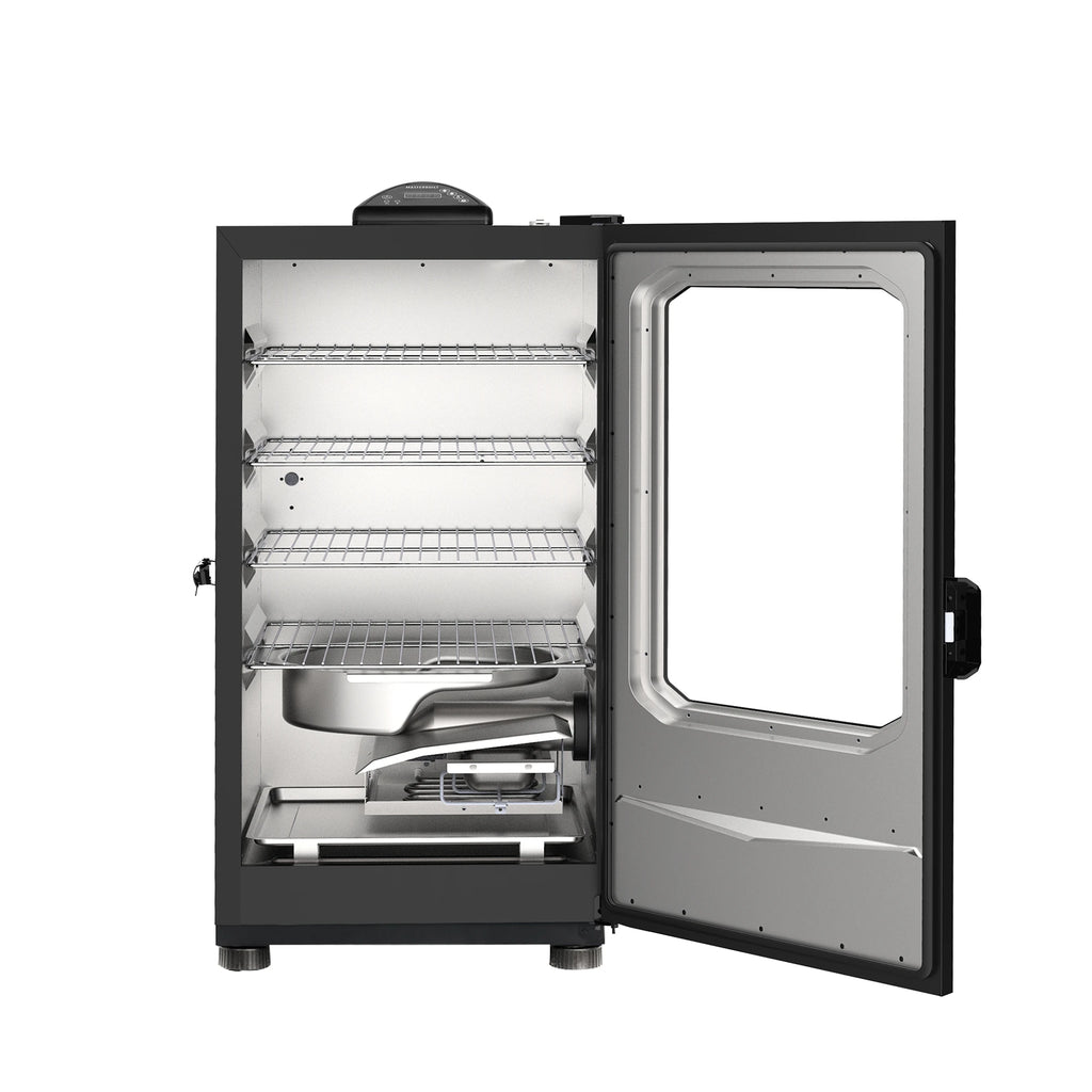 A black 30-inch vertical smoker with  the door open to show 4 smoking racks above the removable water pan and wood chip system.