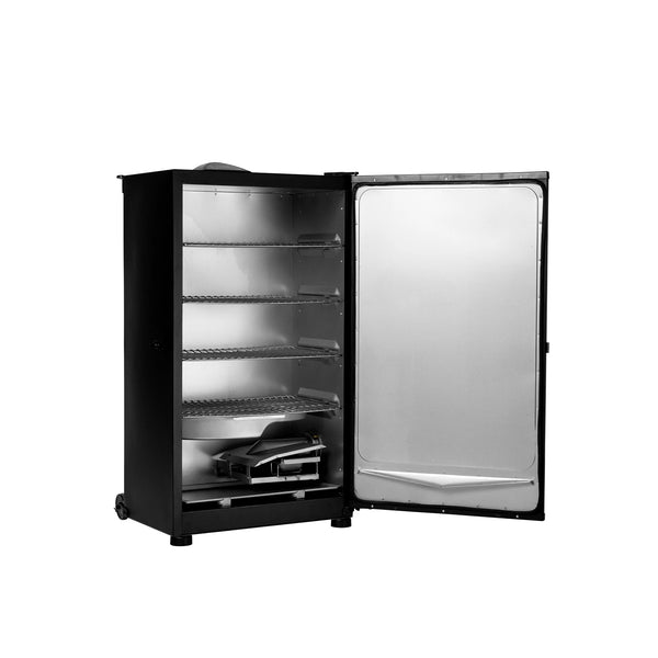 Open 40 inch digital electric smoker showing 4 cooking racks, removable water pan, and side-loader system