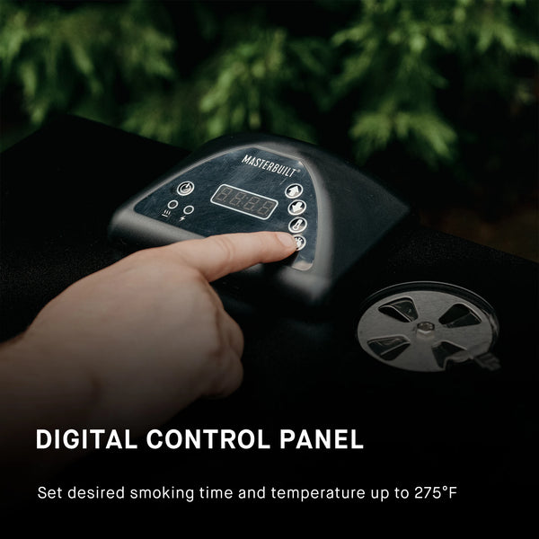 Digital control panel: Set desired smoking time and temperature up to 275°F. A round vent to the right of the control panel allows smoke to escape from the smoker cabinet.