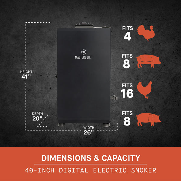 Dimensions and capacity 40-inch digital electric smoker. Height: 41 inches, width: 26 inches, depth: 20 inches. Fits 4 turkeys, 8 racks of ribs, 16 chickens, 8 pork butts