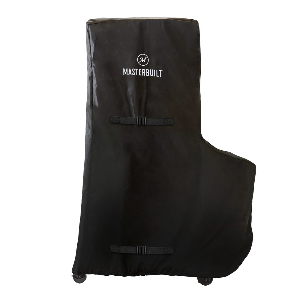 Black grill cover with the Masterbuilt logo and namemark printed on the front in white. Cover is wider at the bottom to cover the pellet hopper. Cover has 2 locking buckles. One just above where the cover gets wider, the second at the bottom of the cover.