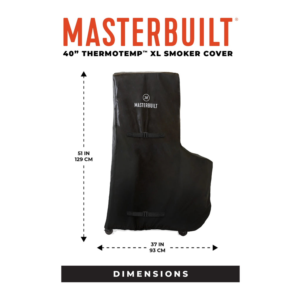 Masterbuilt 40” Thermotemp XL Smoker Cover with dimensions on a white background. Width at the widest point: 37 inches/ 93 cm. Height: 51 inches/129 cm.