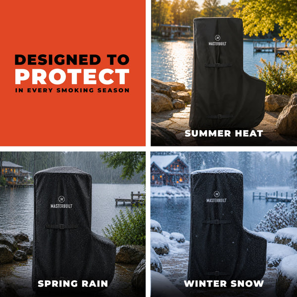 4-panel graphic showing covered smoker in different seasons. Reads: Designed to protect in every smoking season: summer heat, spring rain, winter snow.