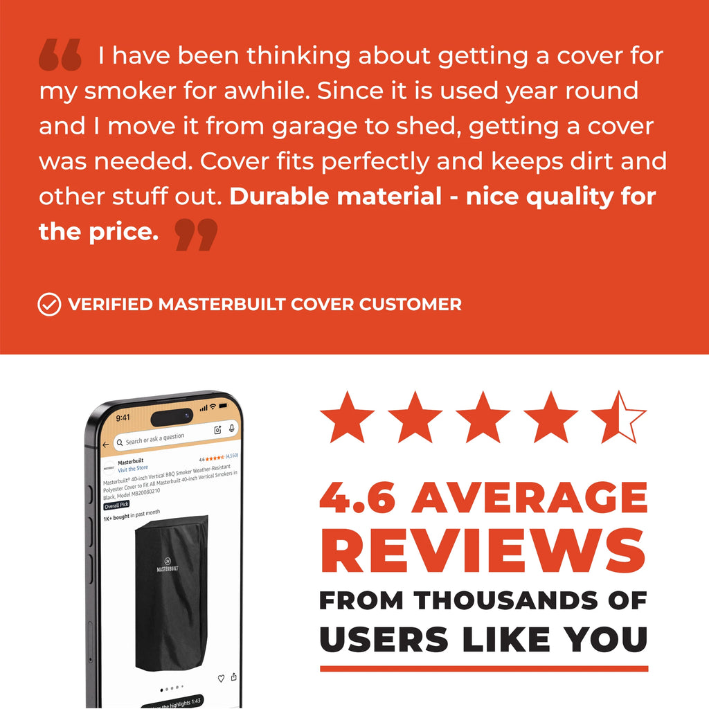 Promotional graphic for a black protective cover, featuring a customer testimonial at the top, a smartphone mockup showing the product, a 4.6 average reviews rating, and text stating reviews from thousands of users like you.