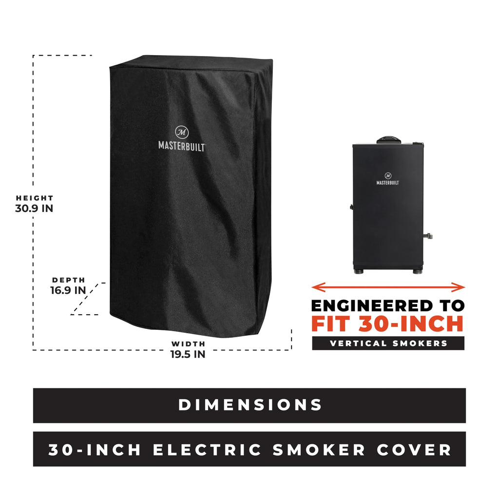 Black Masterbuilt electric smoker cover shown with dimension callouts and a smaller smoker for scale on a white background, with text reading  engineered to fit 30-inch vertical smokers. Dimensions: width 19.5 inches, height 20.9 inches, depth 16.9 inches.