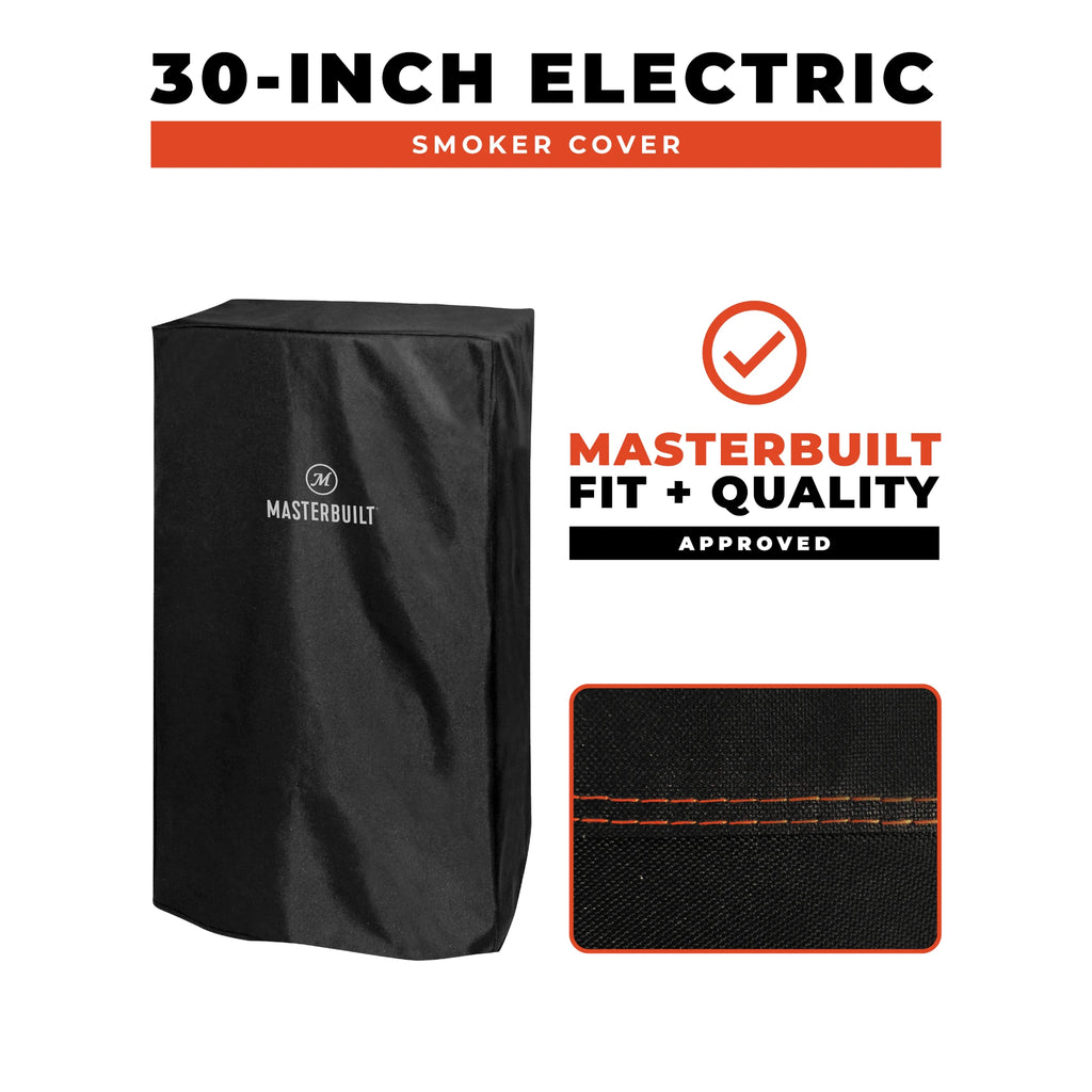 Black Masterbuilt 30-inch electric smoker cover shown on a white background with promotional text and a close-up fabric detail inset.