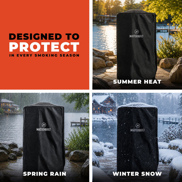 4-panel graphic showing covered smoker in different seasons. Reads: Designed to protect in every smoking season: summer heat, spring rain, winter snow.