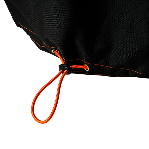 A close-up of the orange drawstring with black plastic toggle lock. The drawstring comes out of the cover through 2 brass colored grommets.
