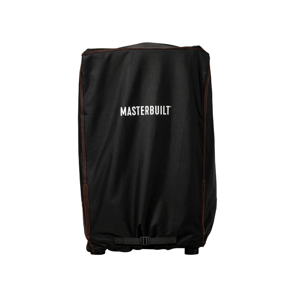 Small universal smoker cover installed over a smoker without legs. The skirt is folded up so the buckle that secures the cover in place is at the bottom of the smoker.