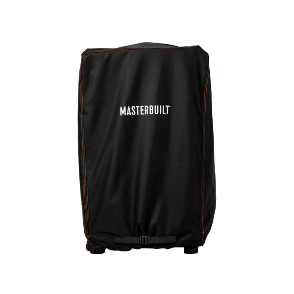 Small universal smoker cover installed over a smoker without legs. The skirt is folded up so the buckle that secures the cover in place is at the bottom of the smoker.