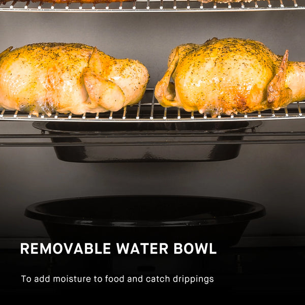 2 whole chickens on the bottom rack of the smoker, above the water bowl. Text reads: Removable water bowl to add moisture to food and catch drippings.