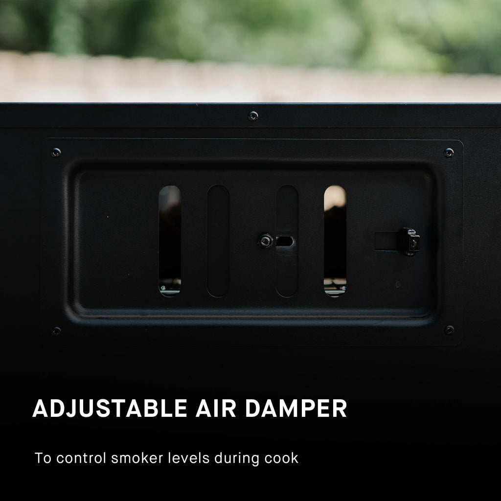 Closeup of the air damper in the half open position. Text reads: Adjustable air damper to control smoke levels during cook.