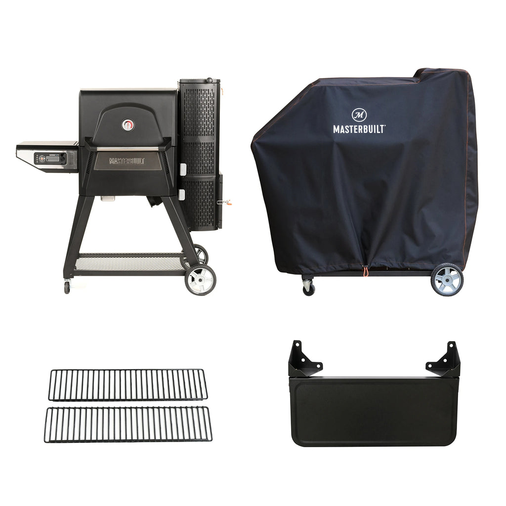 All the items in the bundle on a white background. Starting top left and moving clockwise: Gravity Series 560, the grill cover installed over a gravity series grill, the separate folding front shelf that can be attached to the grill, 2 warming racks.
