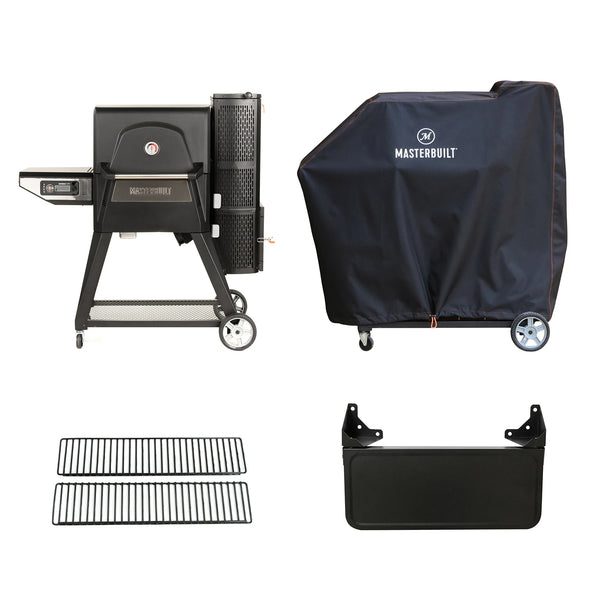 All the items in the bundle on a white background. Starting top left and moving clockwise: Gravity Series 560, the grill cover installed over a gravity series grill, the separate folding front shelf that can be attached to the grill, 2 warming racks.
