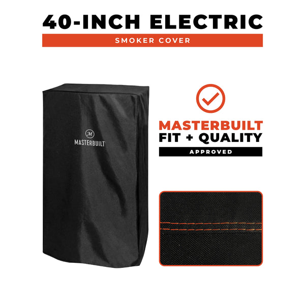 Black Masterbuilt 40-inch electric smoker cover shown on a white background with a close-up fabric detail inset. Text reads: Masterbuilt Fit + Quality Approved.