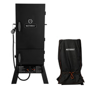 The 730 Propane Smoker with 2 doors and a control panel at the base. Doors have cool-touch wire handles. The top door has a built-in temperature gauge.  A half-size photo of the black smoker cover with Masterbuilt printed in white one it and installed over a smoker is shown to the right.