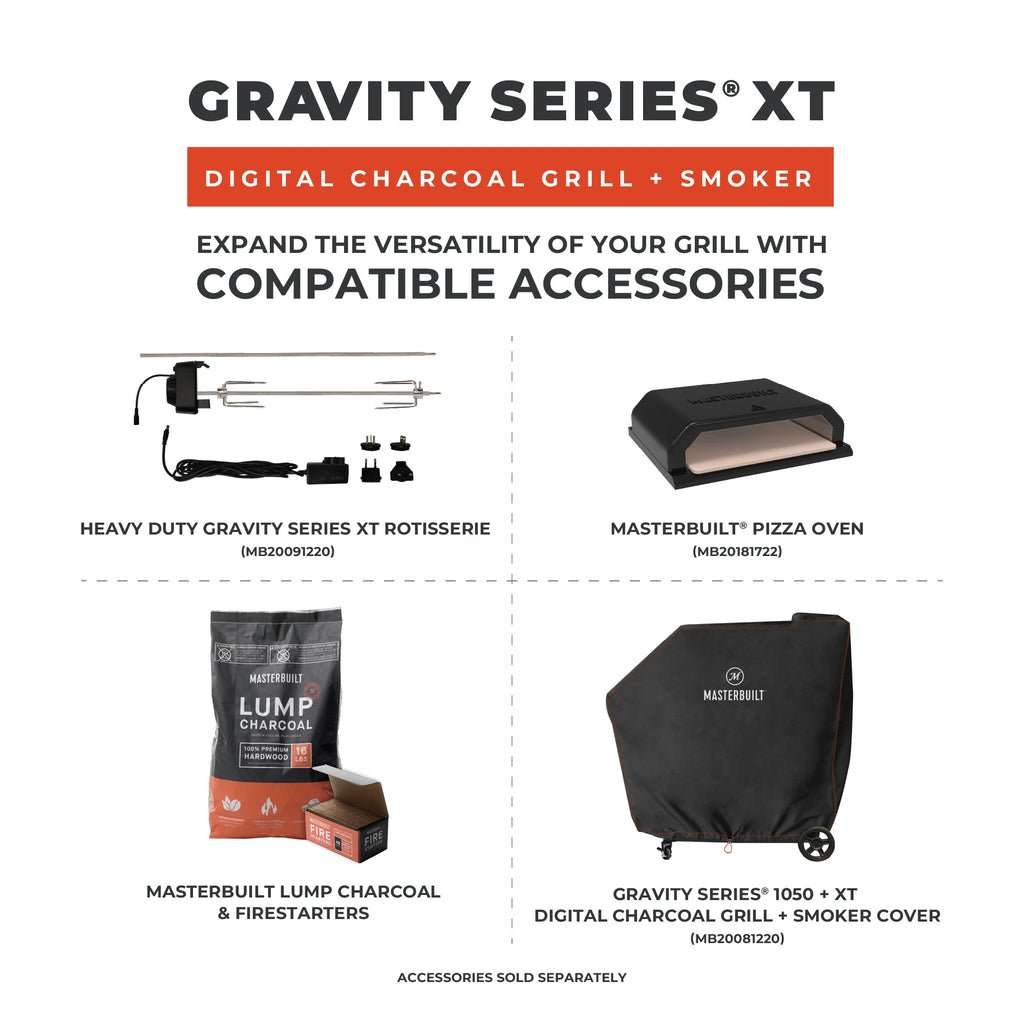 Promotional graphic for Gravity Series XT digital charcoal grill and smoker with compatible accessories on a white background. Accessories sold separately. Gravity Series Rotisserie (MB20091220), pizza oven (MB20181722), lump charcoal, fire starters, large smoker cover (MB20081220)