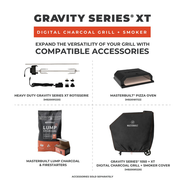 Promotional graphic for Gravity Series XT digital charcoal grill and smoker with compatible accessories on a white background. Accessories sold separately. Gravity Series Rotisserie (MB20091220), pizza oven (MB20181722), lump charcoal, fire starters, large smoker cover (MB20081220)