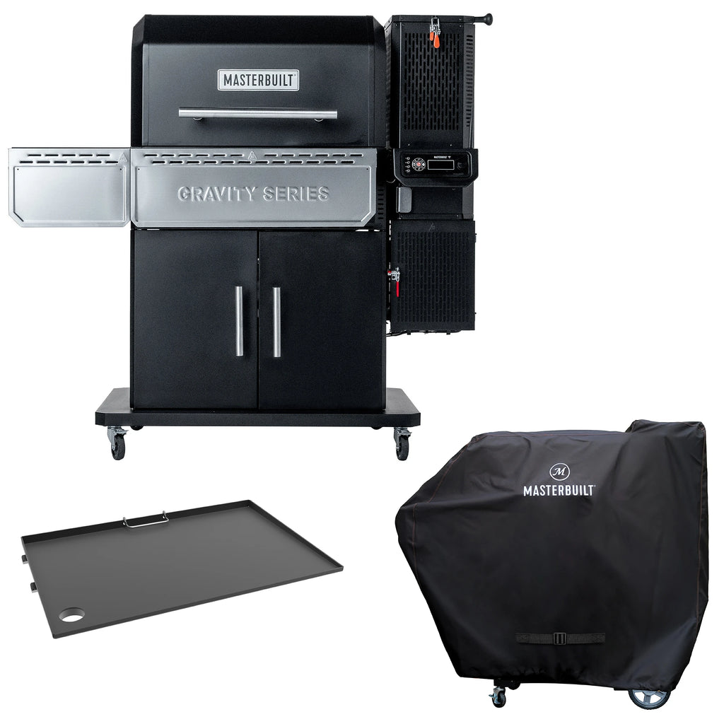 Masterbuilt Gravity Series 1150 grill on a white background. Below the grill on the left is the 1050/1150 griddle insert. Below the grill on the right is a Gravity Series grill with a cover over it.
