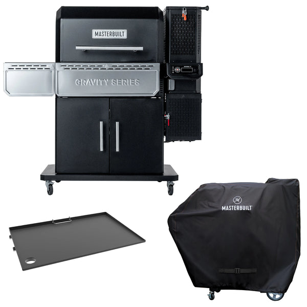 Masterbuilt Gravity Series 1150 grill on a white background. Below the grill on the left is the 1050/1150 griddle insert. Below the grill on the right is a Gravity Series grill with a cover over it.