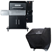 Masterbuilt Gravity Series 1150 Grill and Smoker on a white background. Below and to the right is a Gravity Series grill with a cover over it.