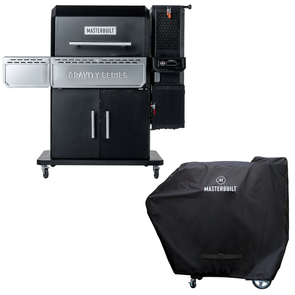 Masterbuilt Gravity Series 1150 Grill and Smoker on a white background. Below and to the right is a Gravity Series grill with a cover over it.