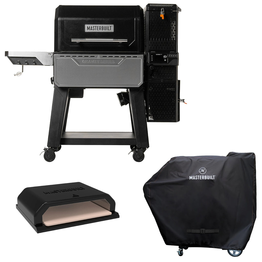Masterbuilt Gravity Series XT grill on a white background. Below the grill on the left is the pizza oven insert. Below the grill on the right is a Gravity Series grill with a cover over it.