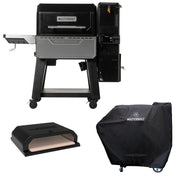 Masterbuilt Gravity Series XT grill on a white background. Below the grill on the left is the pizza oven insert. Below the grill on the right is a Gravity Series grill with a cover over it.