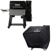 Masterbuilt Gravity Series XT grill and smoker on a white background. Below and to the right is a Gravity Series grill with a cover over it.