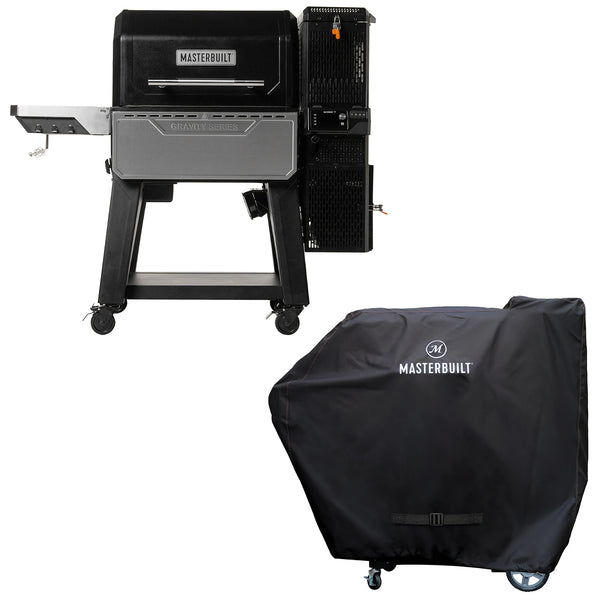 Masterbuilt Gravity Series XT grill and smoker on a white background. Below and to the right is a Gravity Series grill with a cover over it.