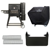 All the items in the bundle on a white background. Starting top left and moving clockwise: Gravity Series 560, the grill cover installed over a gravity series grill, the separate folding front shelf that can be attached to the grill, 2 warming racks.