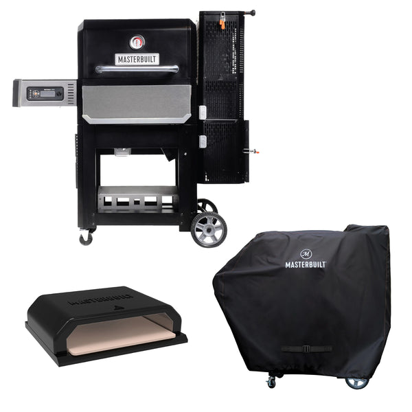 A Gravity Series 800 grill with control panel on the left and charcoal hopper on the right mounted on a wheeled cart. An image of the pizza oven is shown below and to the left of the grill. A half-size photo of the black smoker cover with Masterbuilt printed in white one it and installed over a smoker is shown below and to the right.