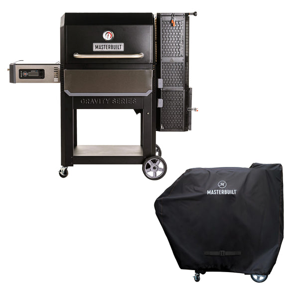 Gravity Series 1050 grill with control panel on left, charcoal hopper on right, mounted on a wheeled cart. A photo of the black smoker cover with Masterbuilt printed in white on it and installed over the grill is shown below and to the right.
