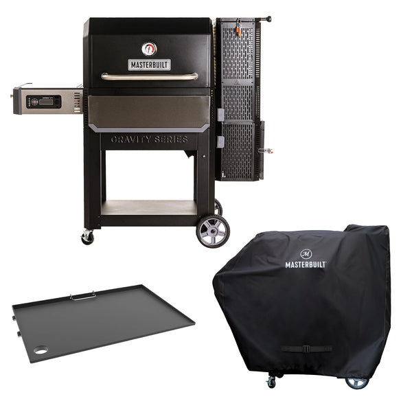 Gravity Series 1050 grill with control panel on left, charcoal hopper on right, mounted on a wheeled cart. A photo of the black smoker cover with Masterbuilt printed in white on it and installed over the grill is shown below and to the right. The griddle insert is shown below and to the left.