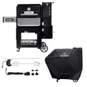 A Gravity Series 800 grill with control panel on the left and charcoal hopper on the right mounted on a wheeled cart. An image of the rotisserie kit with motor/spit/meat claws assembly plus power cord, power adapters, and a second, longer spit rod is shown below and to the left of the grill. A half-size photo of the black smoker cover with Masterbuilt printed in white one it and installed over a smoker is shown below and to the right.