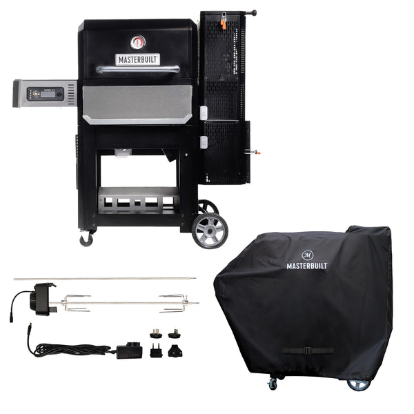 A Gravity Series 800 grill with control panel on the left and charcoal hopper on the right mounted on a wheeled cart. An image of the rotisserie kit with motor/spit/meat claws assembly plus power cord, power adapters, and a second, longer spit rod is shown below and to the left of the grill. A half-size photo of the black smoker cover with Masterbuilt printed in white one it and installed over a smoker is shown below and to the right.