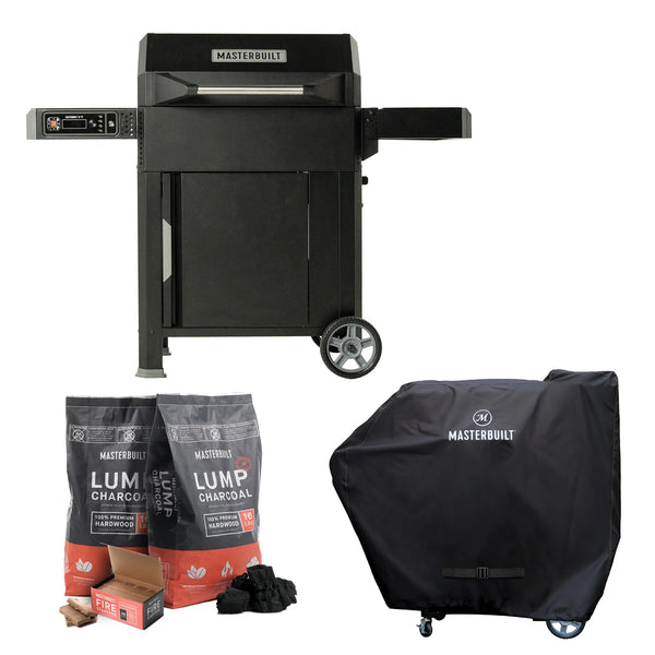 An AutoIgnite Series 545 Grill and Smoker on  a cart with 2 wheels. There are 2 side shelves. The digital control panel is under the left side shelf. Below the grill are images of the 2 bags of charcoal and a box of firestarters (left) and the cover installed over a grill (right).