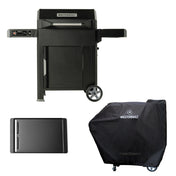 An AutoIgnite Series 545 Grill and Smoker on  a cart with 2 wheels. There are 2 side shelves. The digital control panel is under the left side shelf. Below the grill are images of the half-grate griddle insert with grease opening (left) and the cover installed over a grill (right).