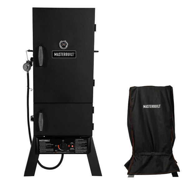 The 730 Propane Smoker with 2 doors and a control panel at the base. Doors have cool-touch wire handles. The top door has a built-in temperature gauge.  A half-size photo of the black smoker cover with Masterbuilt printed in white one it and installed over a smoker is shown to the right.