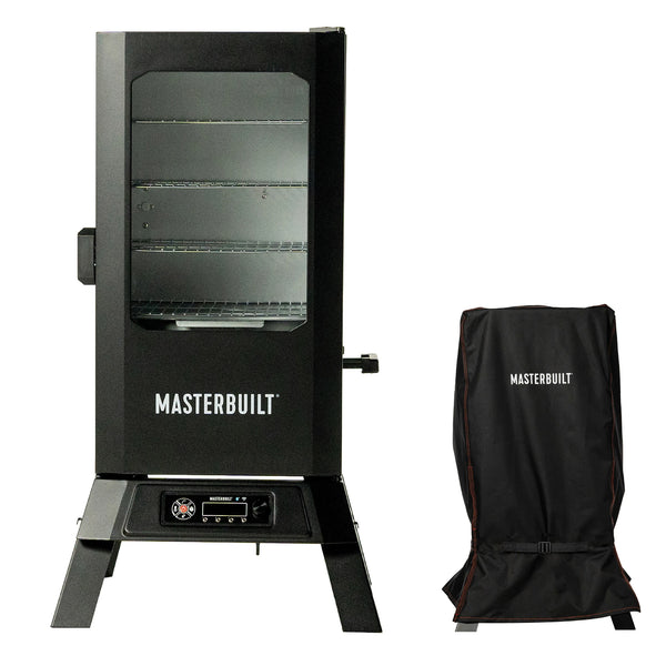 Masterbuilt 710 WiFi Digital Smoker on legs. Black with a window in the door.  Door latches on left. Patented side wood chip loader is on the right. The control panel sits between the legs below the smoker. A half-size photo of the black smoker cover with Masterbuilt printed in white one it and installed over a smoker is shown to the right.