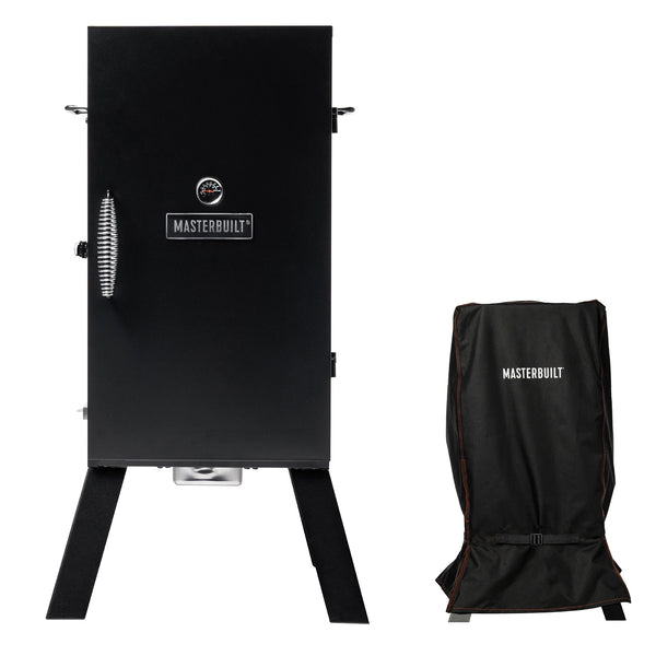 30-inch analog smoker, black, with legs. Door has a cool-touch handle, built-in temperature gauge, and Masterbuilt name plate. The door latches on the left. 2 handles extend from the sides of the smoker.  A half-size photo of the black smoker cover with Masterbuilt printed in white one it and installed over a smoker is shown to the right.