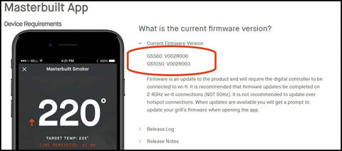 App web page showing model numbers that display after "Current Firmware Version" is opened