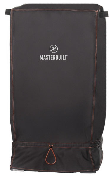 Black smoker cover with Masterbuilt logo. Locking-toggle cinch cord at base secures the cover.