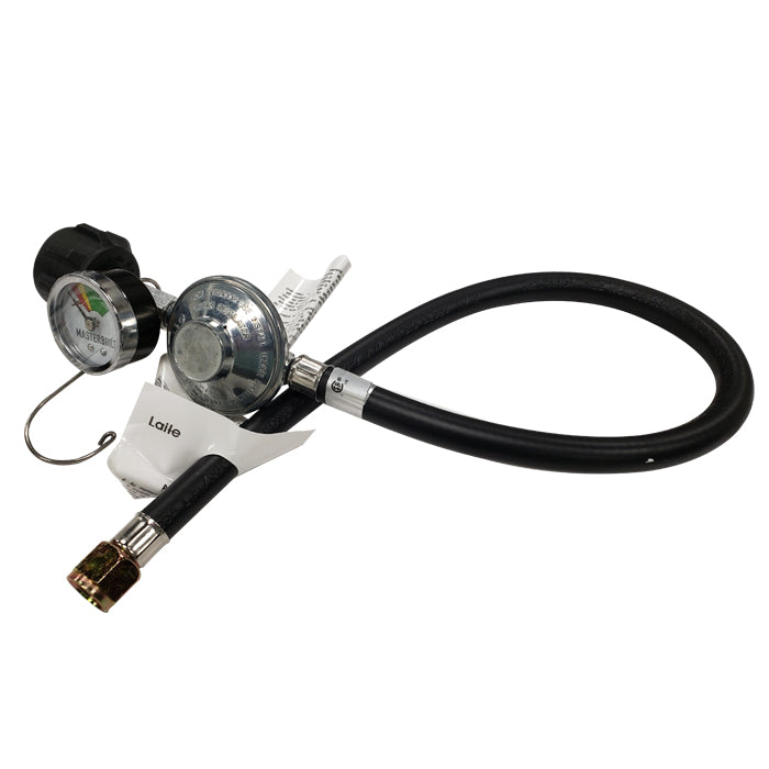 Regulator and hose with valve, pressure gauge and hook