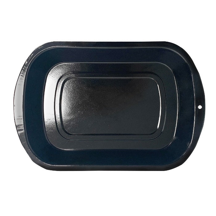 Black, rectangular water pan with curved corners and rounded short ends
