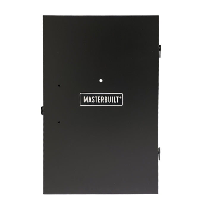 Solid black door with latch, 2 hinges, holes for handle and temperature probe, and Masterbuilt logo plate mounted on the front