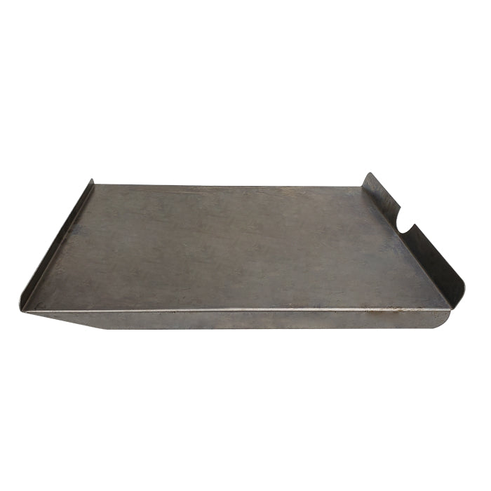 Formed metal sheet with 2 edges bent up and 2 edges bent down. Downward edges are rounded on one end and tapered on the other. One upward edge is taller and has half-circle cut out of center.