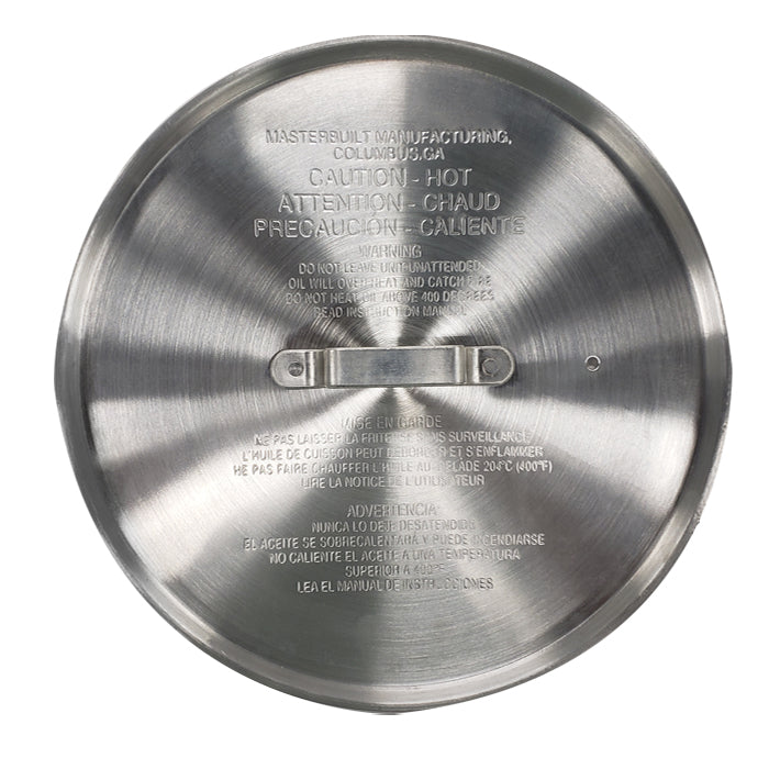 Stainless steel lid with handle for 30 quart pot with warnings visible
