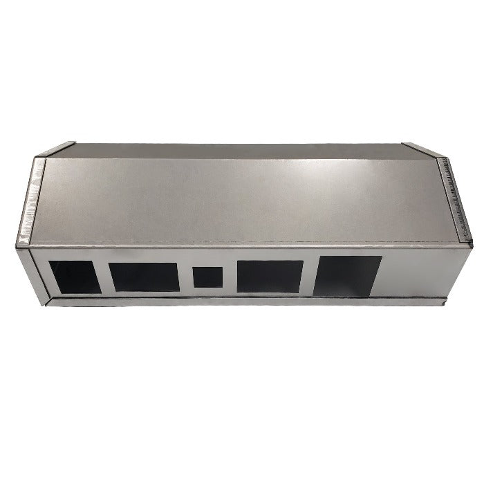 Metal manifold box with pre-cut rectangular holes of varying size on one side